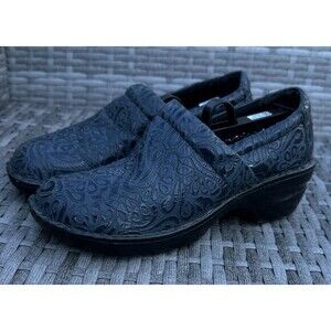 B.O.C. Women's Peggy Clogs Blue Leather Floral Comfort‎ Nurse Shoes~Size 9.5